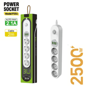 Triple prise de courant avec 3 ports USB, chargement rapide, avec un câble de 2 mètres