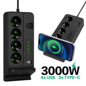 Multiprise 3000W 4 Prises, 4 Ports USB, 2 Ports Type-C avec Charge Sans Fil – مقبس طاقة مع شحن لاسلكي