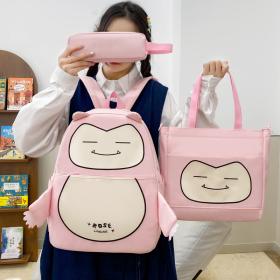 Ensemble de Sacs Snorlax 3Pcs Design Kawaii Rose- حقيبة مدرسية 3 قطع لون وردي